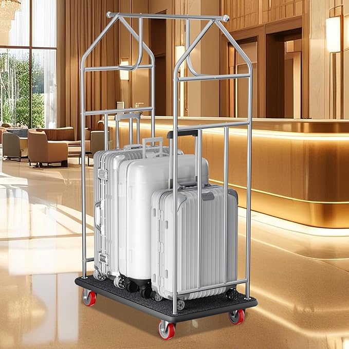 Hotel Luggage Cart with Top Frame, Bellman's Cart with Red Rubber Wheels, Rectangular Refined Stainless Steel Commercial Grade Hotel Luggage Trolley with Black Carpeted Deck for Hotels