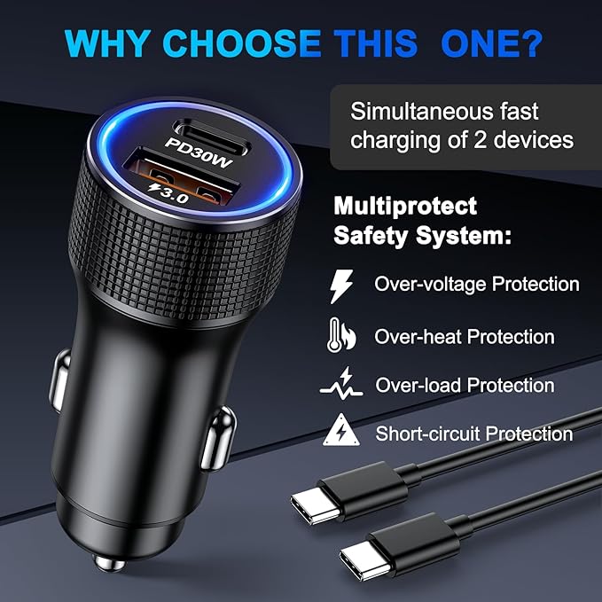 Penemay Car Charger USB C Car Phone Charger, Multi Port Cigarette Lighter Car Adapter for iPhone 17 16 15 Pro Max/14/13/12/11