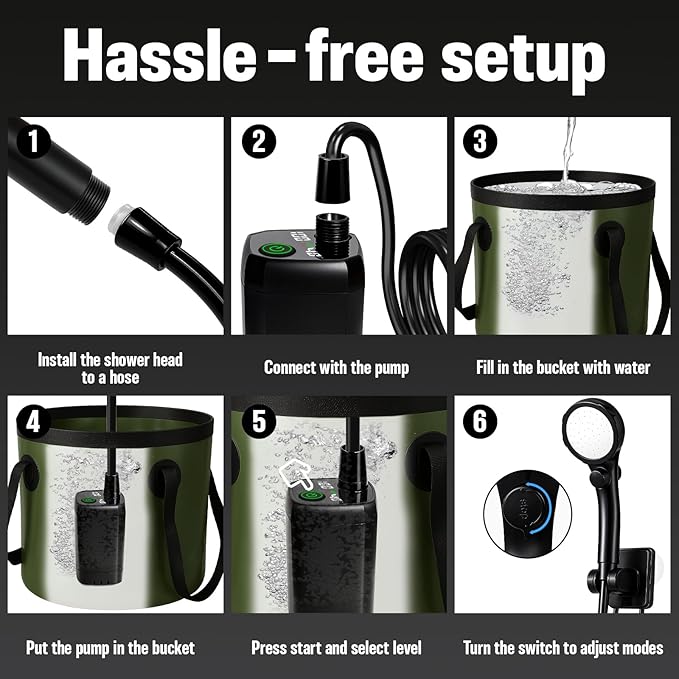 Portable Camping Shower, 6000mAh Rechargeable Shower Pump, Large Capacity Foldable Bucket, 6' 7" Filtered Shower Head, Summer Beach, Outdoor Camp Showering, Hiking, Pet Bath, RV Car Wash, Water Plant