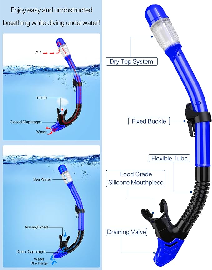 Ubekezele Snorkeling Gear for Adults Men Women,4 in 1 Snorkel Set with Panoramic View Diving Mask Anti-Fog Anti-Leak,Dry Top Snorkel,Fins and Travel Bag for Swimming,Snorkeling and Travel Diving