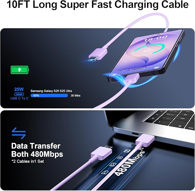 Super Fast Charger Type C, 25W USB C Wall Charger Fast Charging for Samsung Galaxy S26 Ultra/S26/S26+/S25 Ultra/S25/24 Ultra/S24/S23 Ultra/S22 Ultra with 10FT Long Android Type C Charger Cable 2Pack