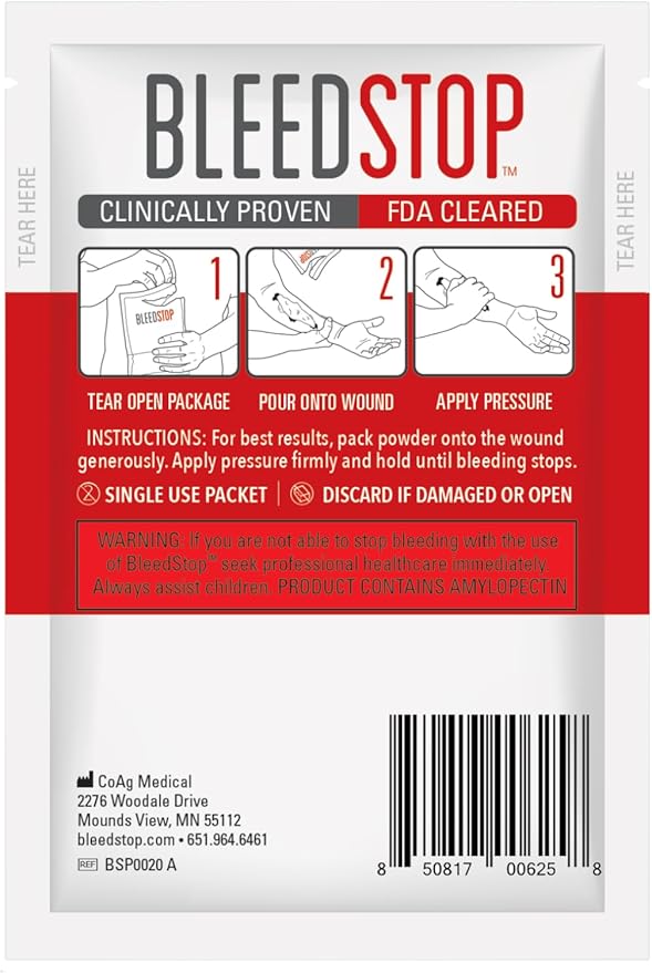 BleedStop™ First Aid Powder for Blood Clotting, Trauma Kit, Blood Thinner Patients, Camping Safety, and Survival Equipment for Moderate to Severe Bleeding Wounds or Nosebleeds - 2 (20g) Pouches