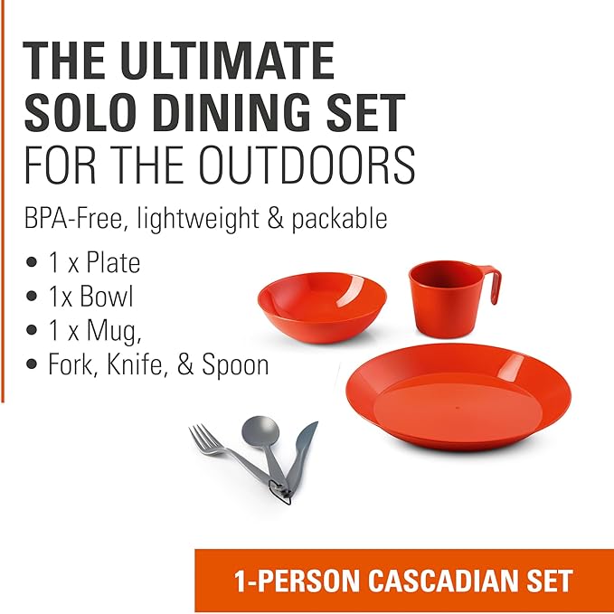 GSI Outdoors Cascadian Table Set I 6-Piece Camping, Backpacking Mess Kit, Plastic BPA Free, Plate, Bowl, Mug, Cup & Cutlery Set
