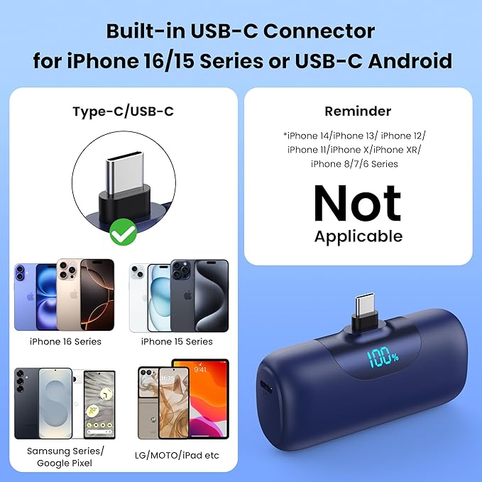 [2 Packs]Mini Portable Charger for iPhone 17, 5500mAh LCD Display USB C Power Bank,Fast Phone Charging Travel Pocket Size Battery Pack for iPhone 17/17 Pro/17 Pro Max/16/15 Series,Android(Navy+Pink)
