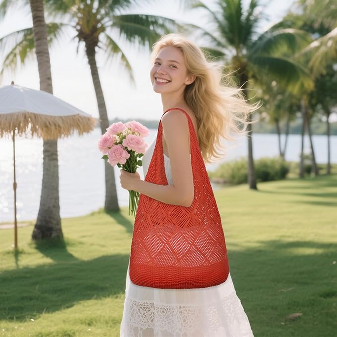 WantGor Crochet Bags, Beach Mesh Tote Bag Womens Shoulder Shopping Handbag Casual Travel Totes Bag Foldable Hobo Bags