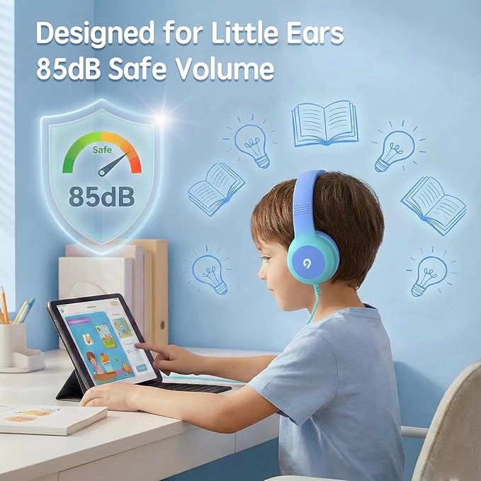 ADOOPE Wired Kids Headphones with USB C Plug, 85dB Safe Volume, Adjustable Headband, Tangle-Free Cord Headphones for School, Tablet, Travel (Sky Blue & Mint Green, Without Microphone)