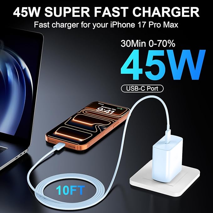 Phone 17 16 Pro Max Charger Fast Charging, 45W USB C Phone 17 16 Super Fast Charger Block with 10ft Long Type C Charging Cable Cord for i.Phone 17 Pro Max/17 Pro/17 Air/17/16/16Pro/16 ProMax-Blue