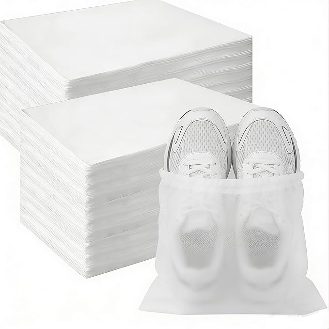 200 Pack Shoe Storage Bags, Large Drawstring Dust Bags for Travel, Non-Woven Breathable Shoe Covers for Boots, Purses, Heels – Portable Organizer Pouches, 18.9 x 12.6 Inch (White)