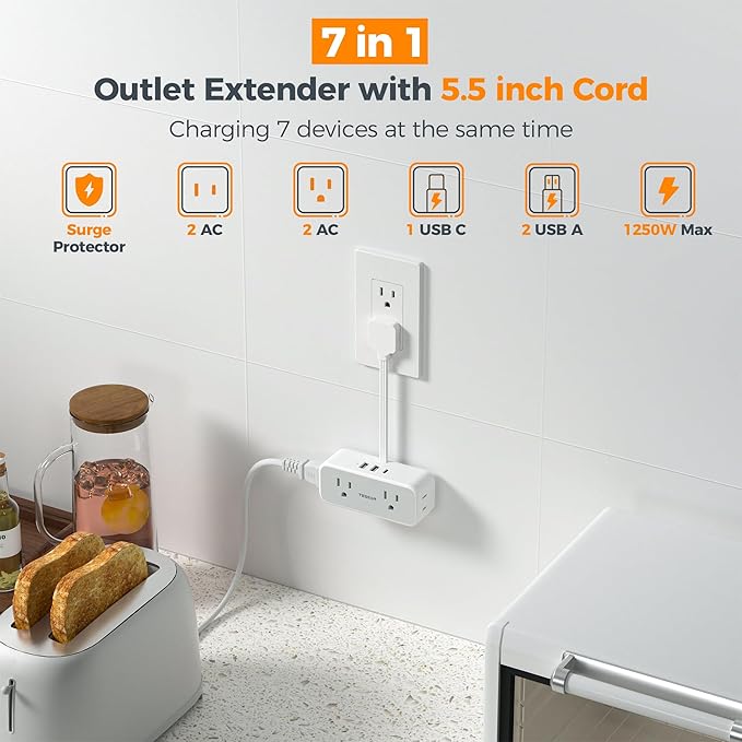TESSAN Short Extension Cord 0.5Ft, Flat Plug Outlet Extender Surge Protector with 4 Widely AC with 3 USB Ports (1 USB C), Multi Plug Small Power Strip for Travel, Home Office College Dorm Essentials