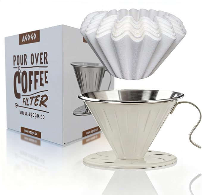 AGOGO V60 Coffee Dripper - Unbreakable 304 Stainless Steel Pour Over Cone for Travel & Camping, Includes 50 Paper Filters & Barista Towel - Cream White