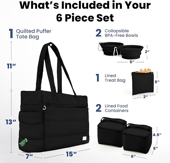 rubyloo Puffer Dog Travel Bag for Dog Moms – Doggy Diaper Bag with Pet Bowls & Food Storage or Everyday Puffy Tote – Doggy Mom Gifts for Women – Lightweight, Travel-Ready Gift for Pet Lovers - Black