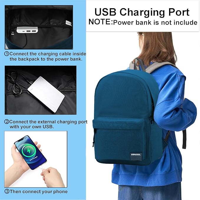 SUPACOOL Casual Laptop Backpack for Men and Women, Backpack for College, USB Charging Port, Lightweight Back Pack