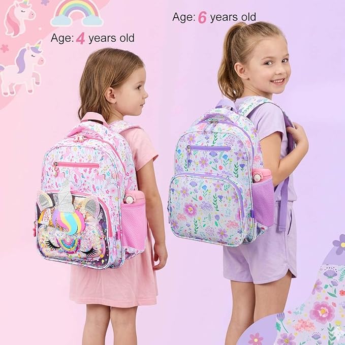 RHCPFOVR Kids Backpack for Girls - Unicorn Girls Backpack Ages 5-8, 15 Inch School Bookbag for Kindergarten Elementary School 1st 2nd Grade