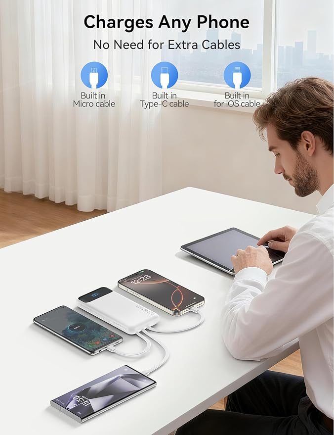 Portable Charger, 10000mAh 22.5W Fast Charging Power Bank with 4 Built-in Cables, Travel Essentials Battery Pack with LED Display, 6 Outputs Charging Bank Compatible with iPhone, iPad, Samsung White