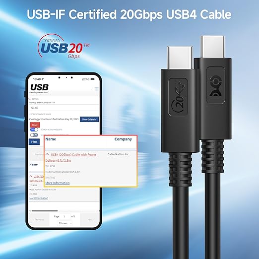 Cable Matters [USB-IF Certified] 20 Gbps USB C Cable / USB4 Cable - 6ft, Supports Up to [4K@120Hz Video, 100W Charging, 20Gbps Data Transfer], Black