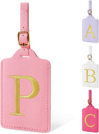 Personalized Initial Luggage Tags for Suitcase, Pink Leather Cute Luggage Tags with Privacy Cover Name Card, Embroidered Custom Monogrammed Luggage Tag Travel Bag Baggage Tags Gifts for Women Kids(P)