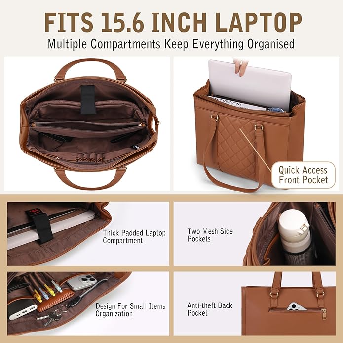 RAINSMORE Laptop Bag for Women 15.6 Inch Work Tote Bags Waterproof Leather Laptop Tote Professional Computer Briefcase