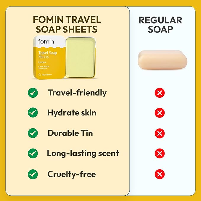 FOMIN - Antibacterial Paper Soap Sheets for Traveling - 100 Lemon Portable Hand Soap Sheets for Travel in Tin - Dissolvable Mini Portable Travel Soap Sheet for Hand Washing, Camping and Hiking