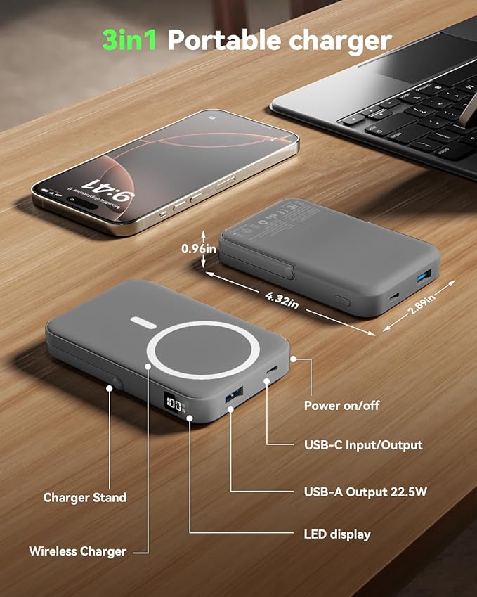 for Magsafe Portable Charger 10000mAh Magnetic Portable Charger with Type-C Cable 20W PD Fast Charging,Foldable Stand,Dual Type-C & USB-A Outputs,LED Display–Space Gray