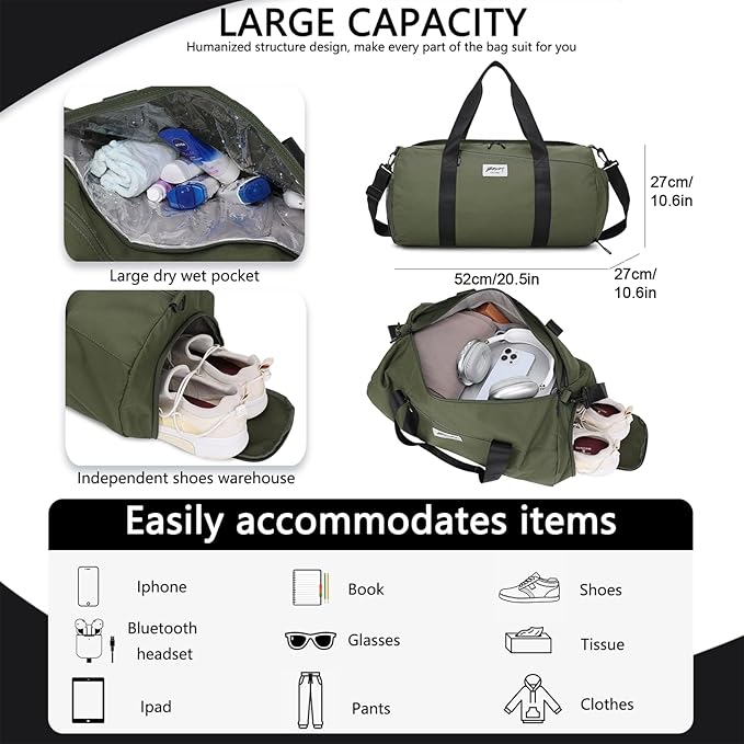 Gym Bags for Men with Side Pocket, 38L Sports Gym Duffle Bag with Wet Pocket&Shoe Compartment, Large Waterproof Sport Duffel Bag for Travel, Sports, Workout(Olive Green)