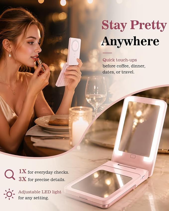 5-in-1 Magnetic Wireless Power Bank, 5000mAh Portable Charger with Mirror, Stand, Bluetooth Remote & Card Holder, MagSafe Compatible Travel Essential for iPhone&Samsung, USB-C Cable Included, Pink
