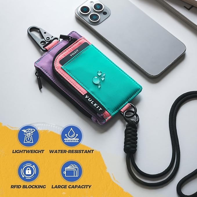 VULKIT Water-Resistant Keychain Wallet with Lanyard for Men and Women, Outdoor Zipper Pouch Wallet with Clear ID Window, for Hiking, Fishing, Skateboard and any Outdoor Activities, Blush Meadow