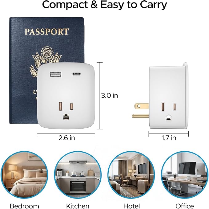 Cruise Ship Approved Outlet Extender, Non Surge Protector Power Strip with 3 AC Outlets & 2 USB (1 USB-C), Multi Plug Adapter, Travel Cruise Essentials, ETL Listed.