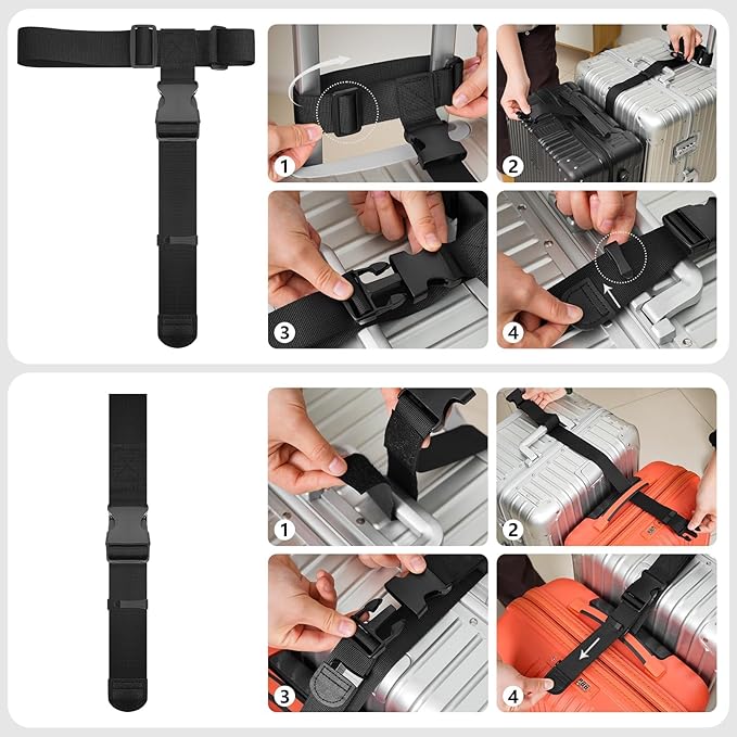 BILIONE Luggage Connector Straps, Suitcase Straps to Connect 3 Suitcases ＆ Add A Bag, Luggage Straps for Suitcases Adjustable Buckle Belt (Black, 2 Pack)