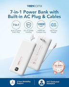 VEEKTOMX Portable Charger with Built in Cables 10000mAh, Power Bank for iPhone with AC Wall Plug, Fast Charging USB C Slim Battery Pack with LED Display Compatible with iPhone 17/16/15/14, Samsung