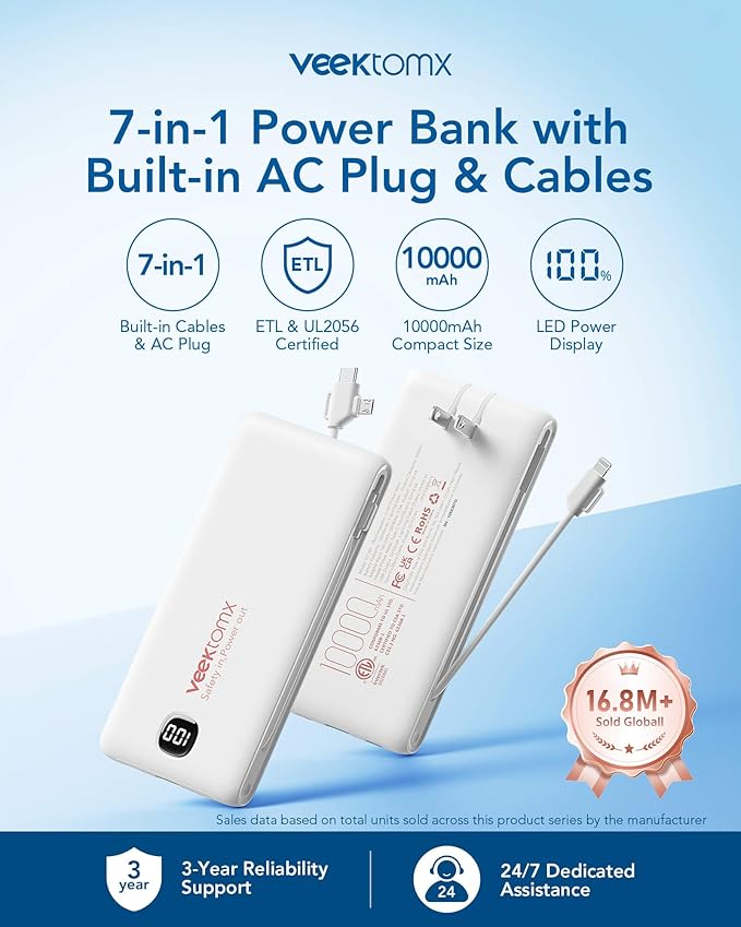 VEEKTOMX Portable Charger with Built in Cables 10000mAh, Power Bank for iPhone with AC Wall Plug, Fast Charging USB C Slim Battery Pack with LED Display Compatible with iPhone 17/16/15/14, Samsung