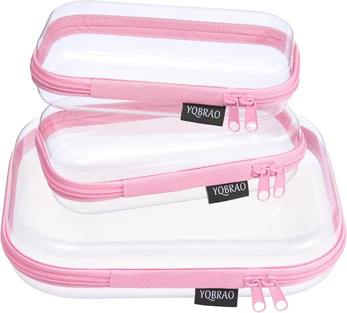 YQBRAO 3-Pack Clear Hard Shell Zipper Case Pink, 1.2mm Heavy-Duty Crush-Proof Travel Makeup Bag, TSA Approved Clear Zipper Pouches, Rigid Toiletry & Diaper Bag Organizer for Tech, Toys & Art Supplies