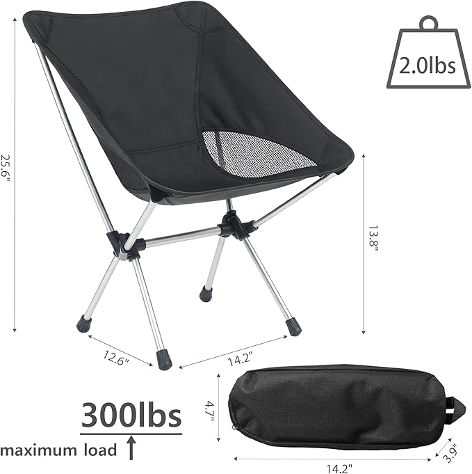 Wind Tour Portable Camping Chair Lightweight Foldable Outdoor Chair for Hiking Camp Backpacking Lawn Beach Fishing Picnic with Carry Bag (Silver - Ultra Light)