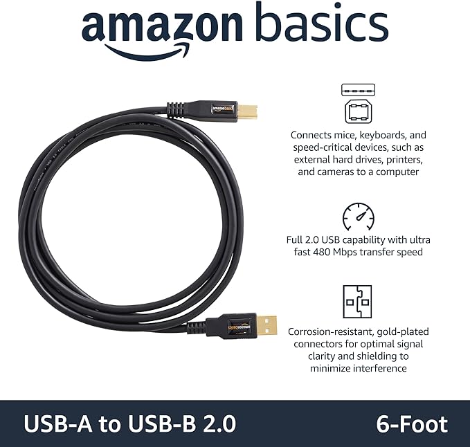 Amazon Basics 24-Pack High-Speed USB 2.0 Cable, USB-A to USB-B for Printers or External Hard Drive, Gold-Plated Connectors, 6 Foot, Black