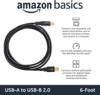 Amazon Basics USB 2.0 Cable, USB-A to USB-B, for Printer or External Hard Drive, Connect to Computer/Laptop/PC, 480 Mbps Transfer Speed, Gold-Plated Connectors, 6 Foot, Black