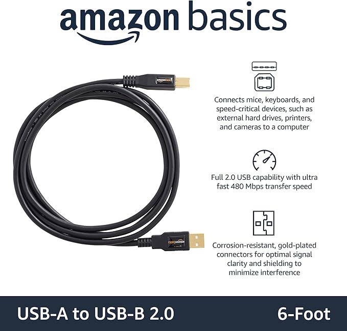Amazon Basics USB 2.0 Cable, USB-A to USB-B, for Printer or External Hard Drive, Connect to Computer/Laptop/PC, 480 Mbps Transfer Speed, Gold-Plated Connectors, 6 Foot, Black