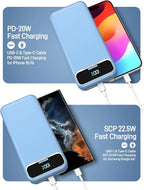 Portable Charger, 20000mAh 22.5W Fast Charging Power Bank with Built-in Cables & Wall Plug, Travel Essential External Battery Pack with LED Display, USB C Battery Phone Charger for iPhone Samsung Blue
