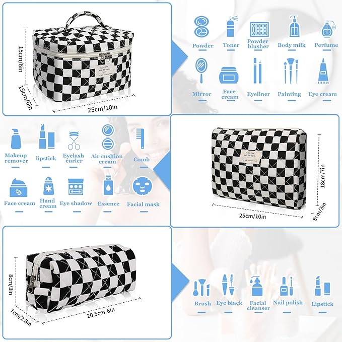 Gosect Makeup Bag Set, Quilted Makeup Bag, Large Floral Cosmetic Bag for Women, Cute Cotton Makeup Bags, Flower Travel Toiletry Organizer Bag (Black Checkered)