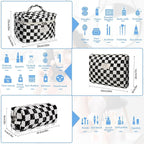 Gosect Makeup Bag Set, Quilted Makeup Bag, Large Floral Cosmetic Bag for Women, Cute Cotton Makeup Bags, Flower Travel Toiletry Organizer Bag (Black Checkered)