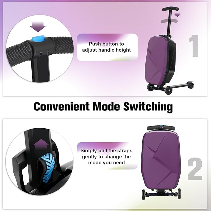 smilesun Scooter Luggage For Kids & Adults， Hardside Ride On Suitcase For Kids Ages 4-15 Multifunctional Lightweight Foldable Carry On Luggage With Wheels Ride On For Children Teenagers（Purple）