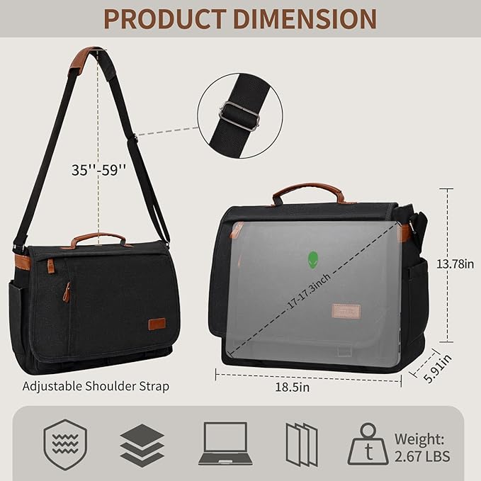 ESTARER Messenger Bag 17.3 Inch, Mens Computer Bag for Teacher/College/Work/Travel, Water-resistant Canvas Laptop Bag Satchel Briefcase, Dark Grey