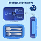 DaCool Bento Lunch Box for Kids - 7.5 Cups Leakproof Large Bento-Style with 4 Compartments Portions Lunchbox with Tableware Back to School, Reusable On-the-Go Meal and Snack Packing, Blue
