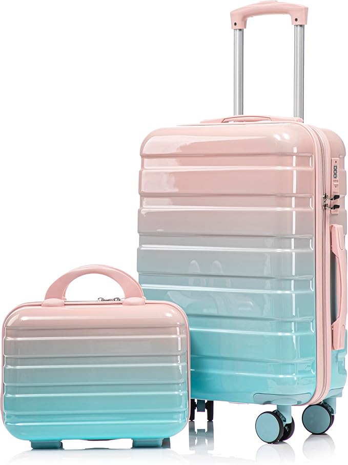 20 Inch Carry on Luggage with 14 Inch Cosmetic Case, 2 Pcs Hardshell Lightweight Durable Spinner Suitcase Set for Travel, Women, Men, TSA Lock, ABS, 20+14 Inch, Blue Pink