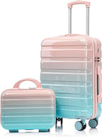 20 Inch Carry on Luggage with 14 Inch Cosmetic Case, 2 Pcs Hardshell Lightweight Durable Spinner Suitcase Set for Travel, Women, Men, TSA Lock, ABS, 20+14 Inch, Blue Pink