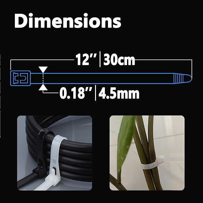 Reusable Zip Ties 12 Inch, 100pcs 50lb Black Zip Tie Heavy Duty Outdoor Cable Ties, Releasable Plastic Tie Wraps, Wire Ties Removable for Cord Management