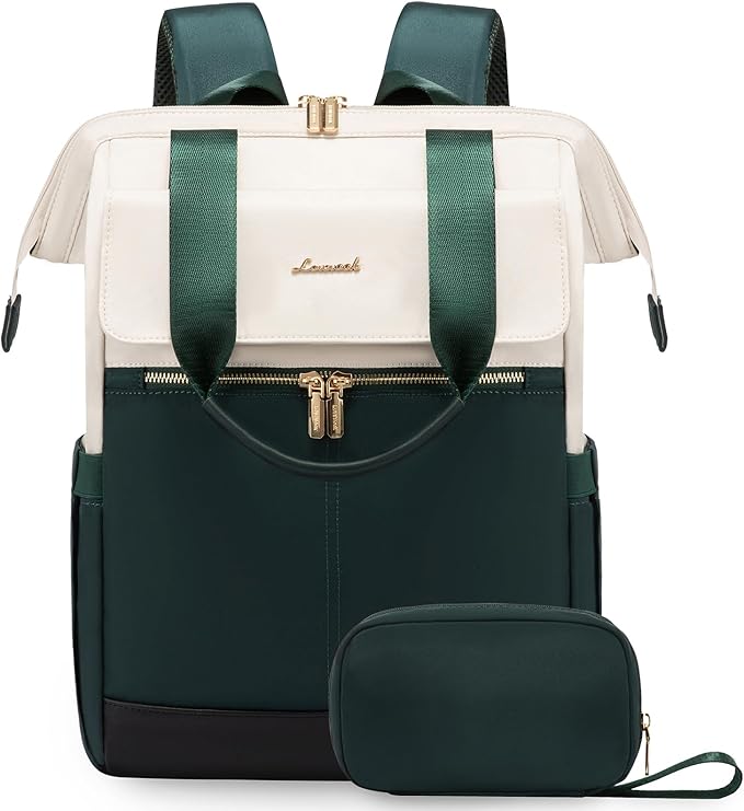 LOVEVOOK Laptop Backpack for Women, 15.6 Inch Work Laptop Bag with USB Port, Fashion Teacher Nurse Backpack Purse, Waterproof Travel Computer Backpack with Organizer Bag, 2PCS, Beige-Green