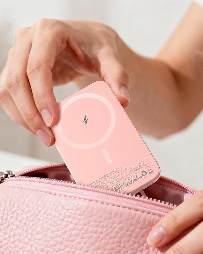 AsperX Wireless Portable Charger, 10000mAh Magnetic Power Bank with Type-C Cable, 22.5W PD Fast Charging Output Portable Battery Pack for iPhone 17/16/15/14/13/12/ All Series, Pink