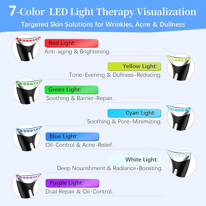 Face Neck Beauty Device, 7-Color Led Light Therapy Face Neck Massager, Multifunctional Vibration & Heat Facial Skin Care Tool, Ideal for Home Travel Skin Care, Black