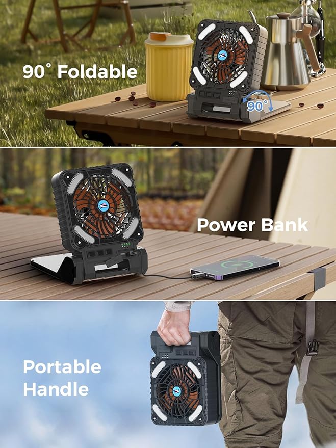 Smiling Shark Camping Fan with LED Lantern, USB Rechargeable Solar Camp Fan with 4 Speeds Powerful Wind & 3 Timer 90° Foldable Cordless Portable Tent Fan for Camping Fishing Hiking
