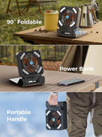 Smiling Shark Camping Fan with LED Lantern, USB Rechargeable Solar Camp Fan with 4 Speeds Powerful Wind & 3 Timer 90° Foldable Cordless Portable Tent Fan for Camping Fishing Hiking