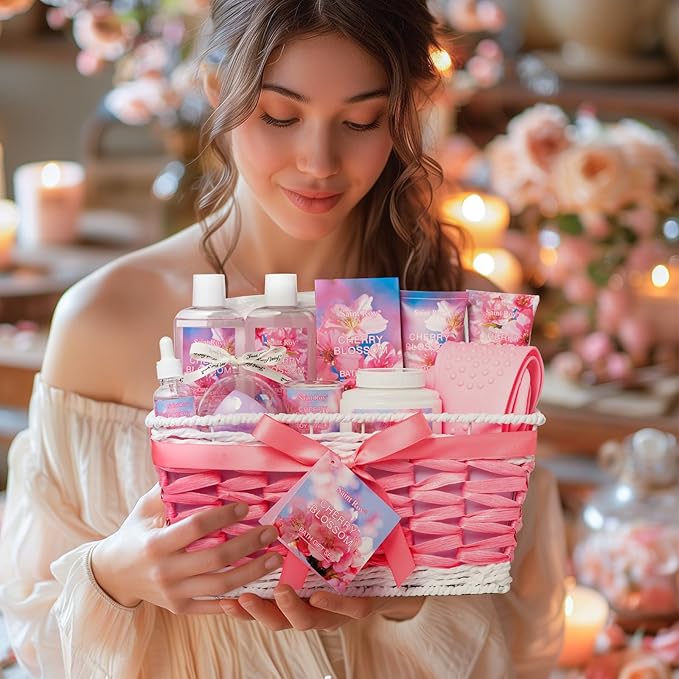 Mothers Day Gifts for Women, 13Pcs Bath & Body Gift Set Basket for Women, Cherry Blossom Bath and Body Gift, spa kit, Self Care Pampering Kit, Diffuser, Home Spa, cosmetic Bag, Birthday, Bridal Shower